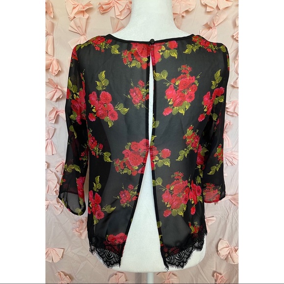 Red flowers on black top, sheer top. - Picture 2 of 2